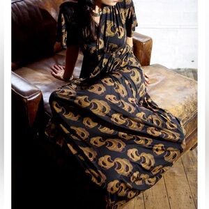 Nancy Dee Maxi Dress Bamboo Stretchy Flutter - Black Fan Print EUC UK8/US Small